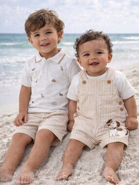 NWT Little Me Baby Boy 3PC Outfit Set Polo Shirt Shorts & Romper Neutral Stripe